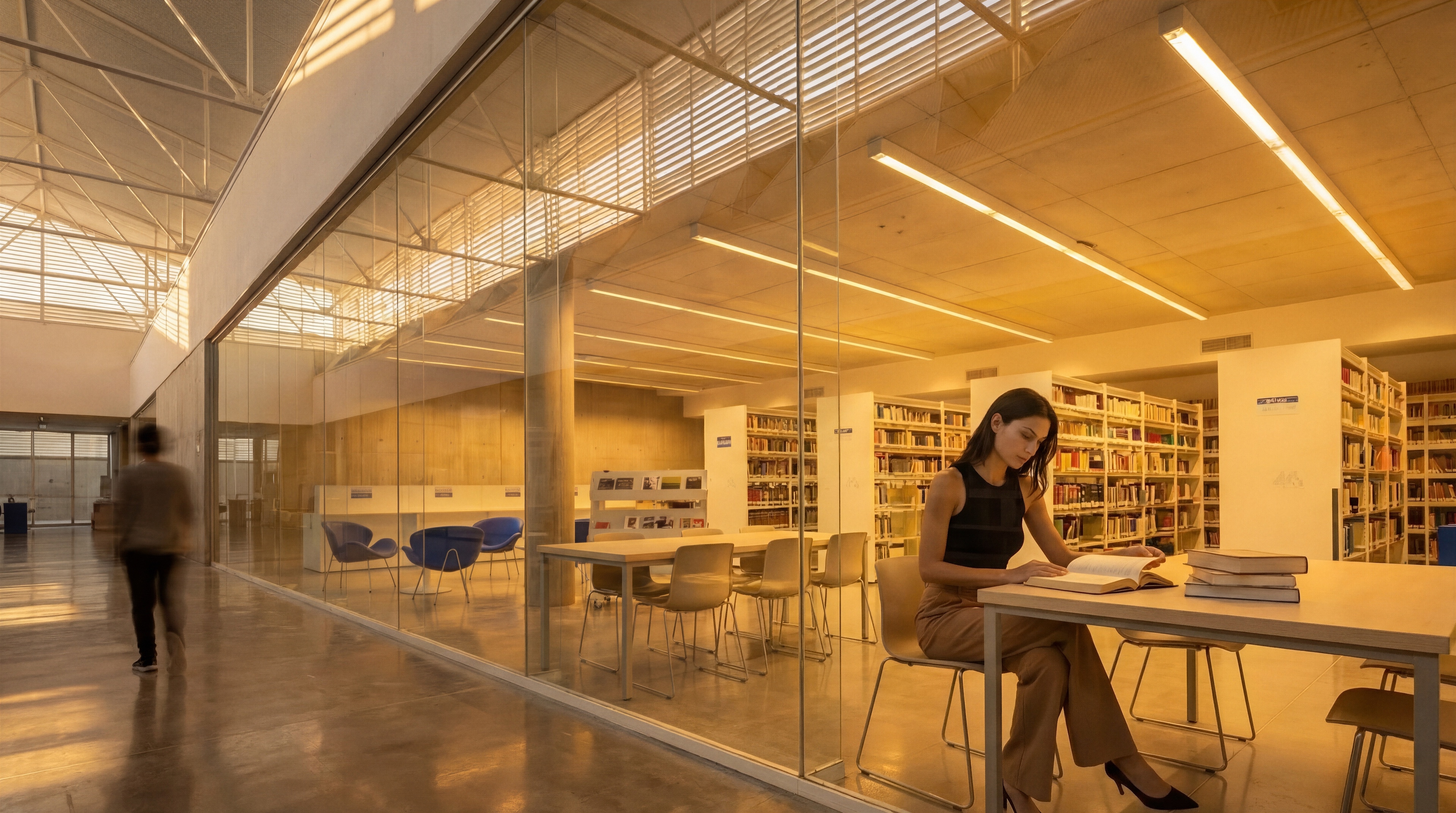 Reading at the table behind the glazed reading room