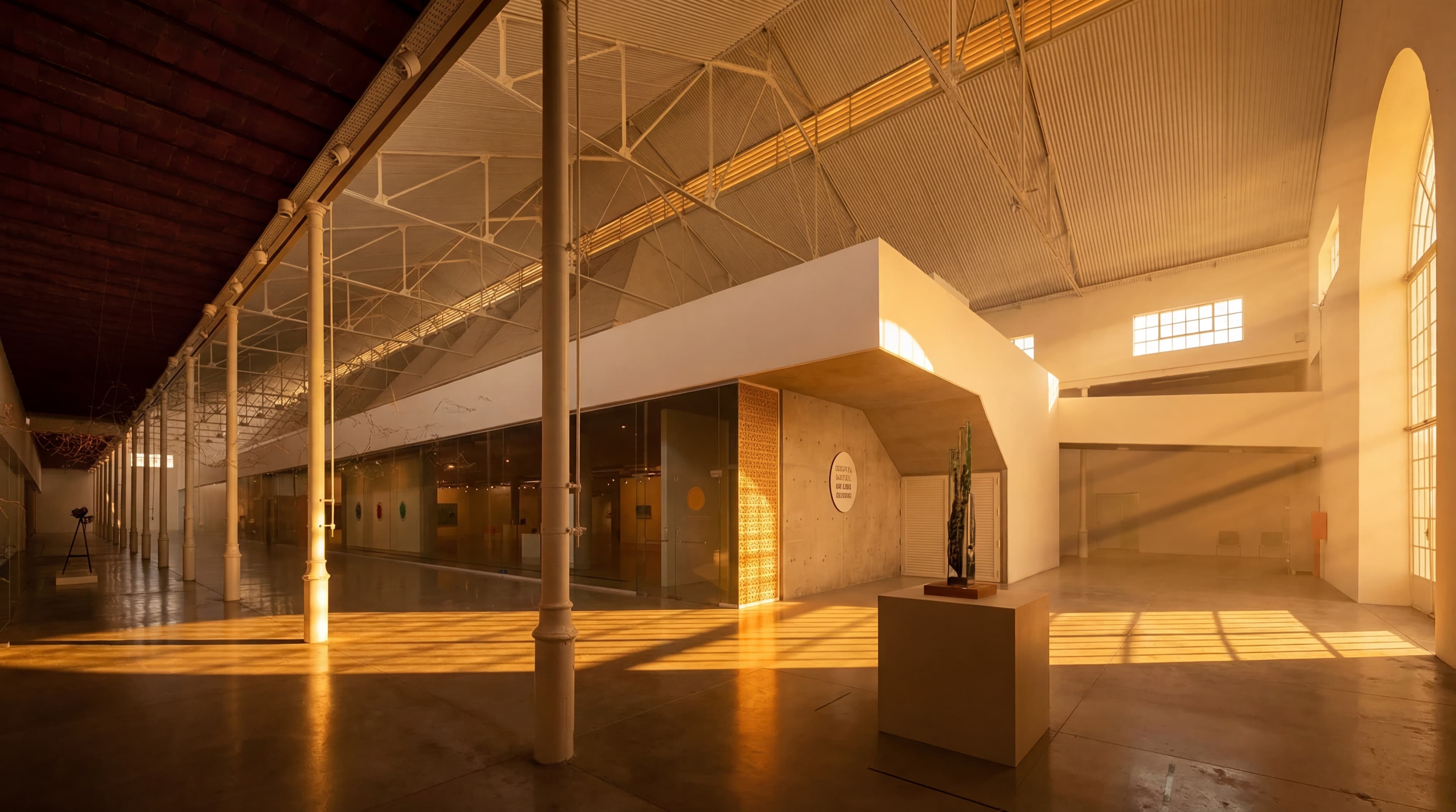 Cultural Center, Rafaela — AI architectural film, main hall at golden hour